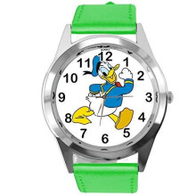 Donald Duck Fan Watch – Analogue Quartz, Real Leather Band, Green Round Face, 24 cm Strap