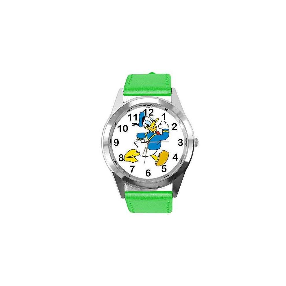 Watch Analogue Quartz with Real Leather Band Green Round for Fan of Donald Duck