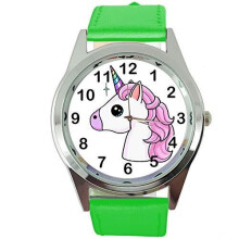 Womens Watch Analogue Quartz with Real Leather Band Green Round Unicorn E3