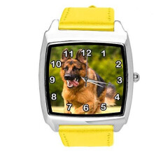 Quartz Watch Yellow Leather Band Square with German Shepherd