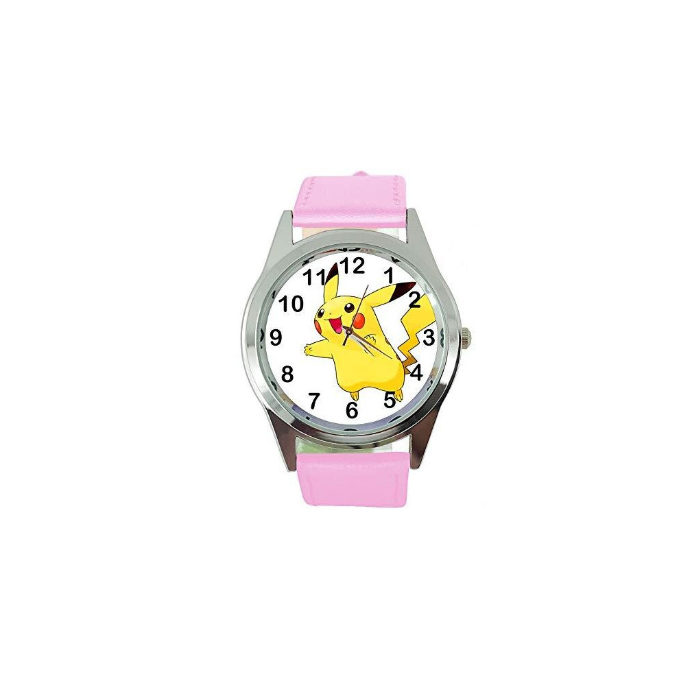 Pikachu Pokemon Round Quartz Watch Pink Leather Band