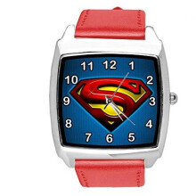 Quartz Watch RED Leather Band Square for Superman Fans