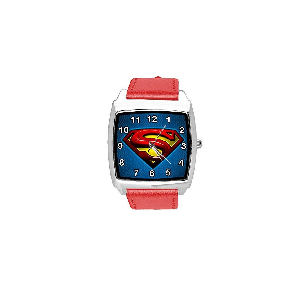 Quartz Watch RED Leather Band Square for Superman Fans