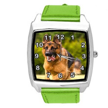 Quartz Watch Green Leather Band Square with Schnauzer Dog