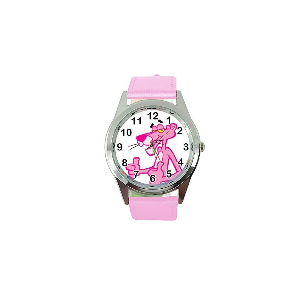 Pink Real Leather Quartz Round Watch for The Pink Panther Fans