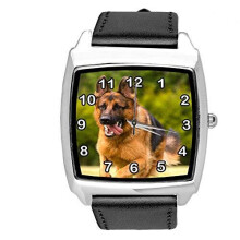 Quartz Watch Black Leather Band Square with German Shepherd