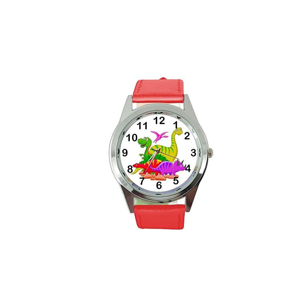 Photos - Wrist Watch Dinosaurs Quartz Round SCI FI Watch RED Real Leather Band