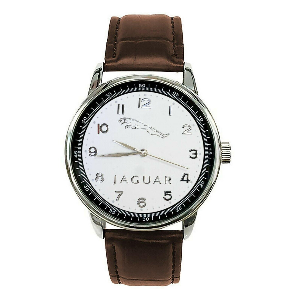 JAGUAR Mens Stainless Steel WHITE Dial BROWN Leather Strap Sport CAR Watch