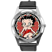 Black Real Leather Band Watch for Betty BOOP Fans