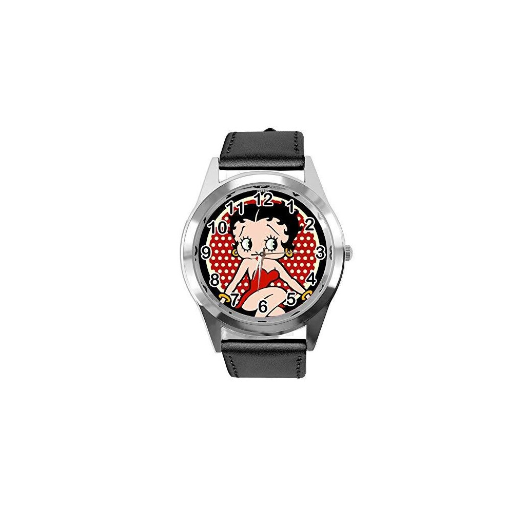 Black Real Leather Band Watch for Betty BOOP Fans