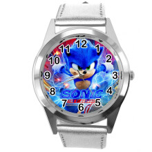 Silver Round Sonic The Hedgehog Fans Watch E4 - Leather Strap, Stainless Steel Case, Quartz Movement