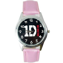 1D One Direction Quartz Round Watch – Real Pink Leather Band, Stainless Steel Case, 24cm Strap