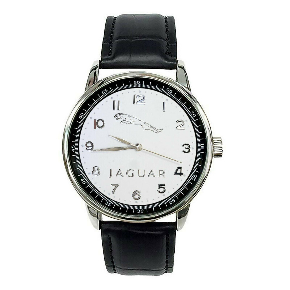 JAGUAR Mens Stainless Steel WHITE Dial BLACK Leather Strap Sport CAR Watch