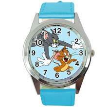 Tom and Jerry Quartz Round SCI FI Watch Blue Real Leather Band