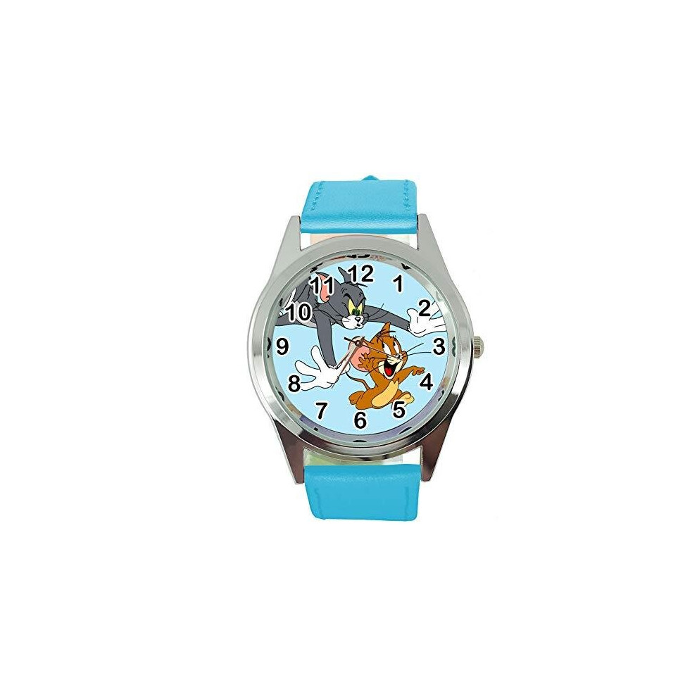 Taport Tom And Jerry Quartz Round Sci Fi Watch Real Leather Band Blue