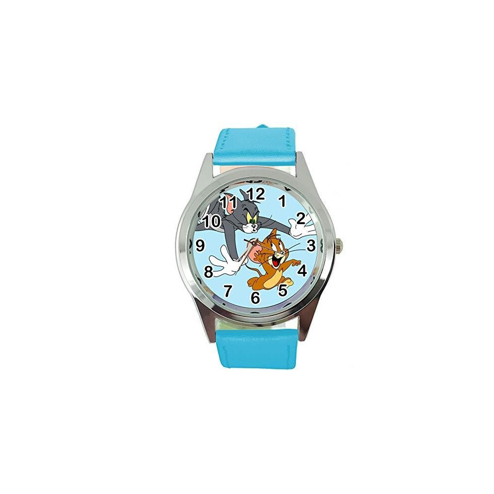 Tom and Jerry Quartz Round SCI FI Watch Blue Real Leather Band