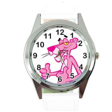 White Real Leather Quartz Round Watch for The Pink Panther Fans