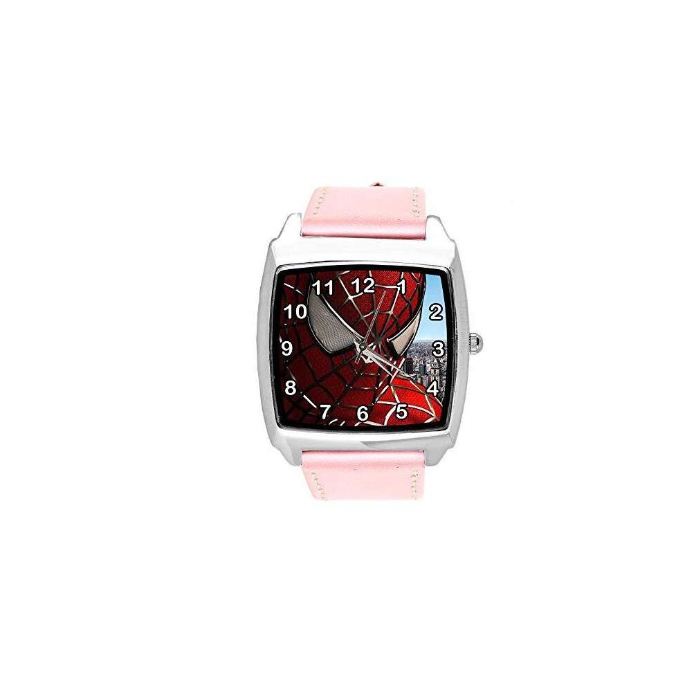 Photos - Wrist Watch Quartz Watch Pink Leather Band Round for Spiderman Fans E1