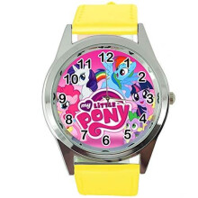 Watch Analogue Quartz with Real Leather Band Yellow Round for Fan of My Little Pony e2