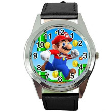Quartz Watch Black Leather Band for Mario Fans E2