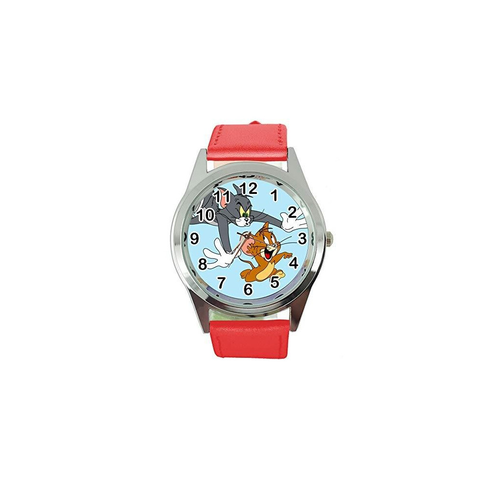 RED Real Leather Quartz Round Watch for Tom and Jerry Fans