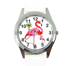 Flamingo Round Quartz Watch White Leather Band