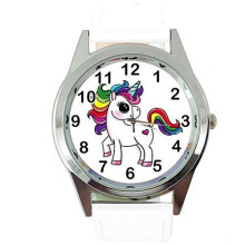 Womens Watch Analogue Quartz with Real Leather Band White Round Unicorn E2