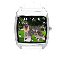 Quartz Watch White Leather Band Square with Schnauzer Dog
