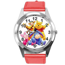 Quartz Watch RED Leather Band Round for Winnie The Pooh Fans
