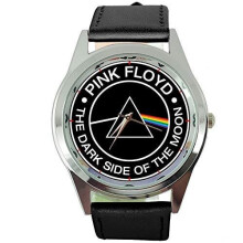 Dark Side of The Moon Quartz Round Watch Black Real Leather Band