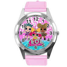 Watch Analogue Quartz with Real Leather Band Pink Round for LOL Dolls Fans