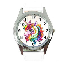 Womens Watch Analogue Quartz with Real Leather Band White Round Unicorn E1