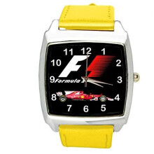 Watch Analogue Quartz with Real Leather Band Yellow Square for Fan of Formula 1