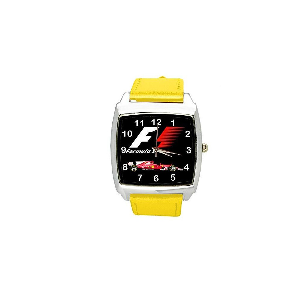 Photos - Wrist Watch Watch Analogue Quartz with Real Leather Band Yellow Square for Fan of Formula 1