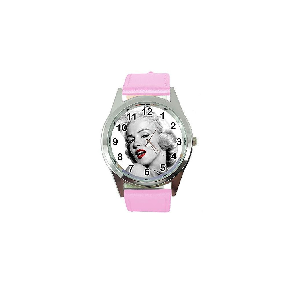 Marilyn Monroe Quartz Round Watch Real Leather Pink Band Dial