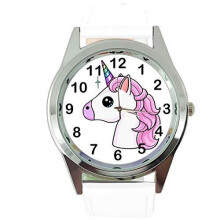 Womens Watch Analogue Quartz with Real Leather Band White Round Unicorn E3