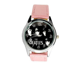 The Beatles Quartz Round Watch Real Leather Pink Band Bw Dial