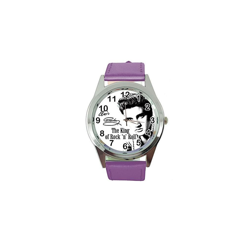 Watch Analogue Quartz with Real Leather Band Violet Round for Fan of Elvis Presley e0