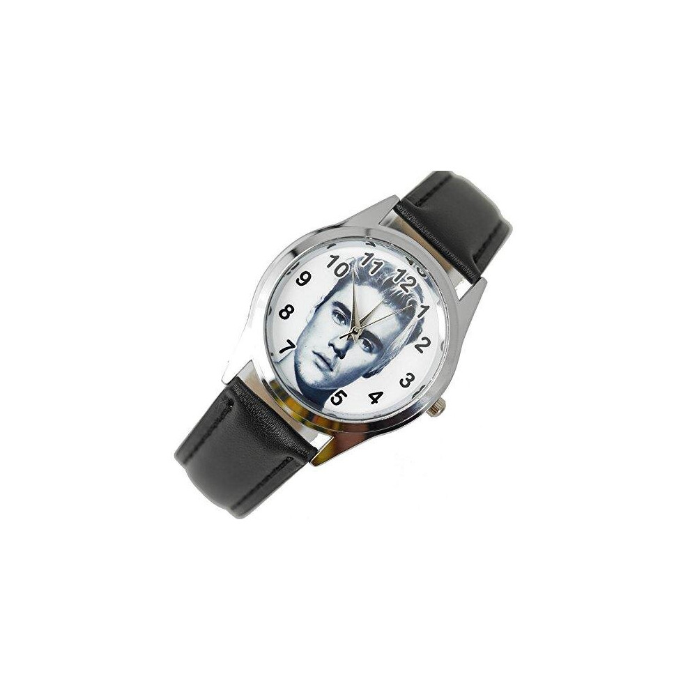 Justin Bieber Quartz Round Watch Real Leather Band   Black
