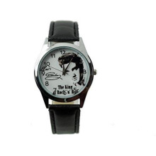 Elvis Presley Quartz Round Watch Real Leather Band Black