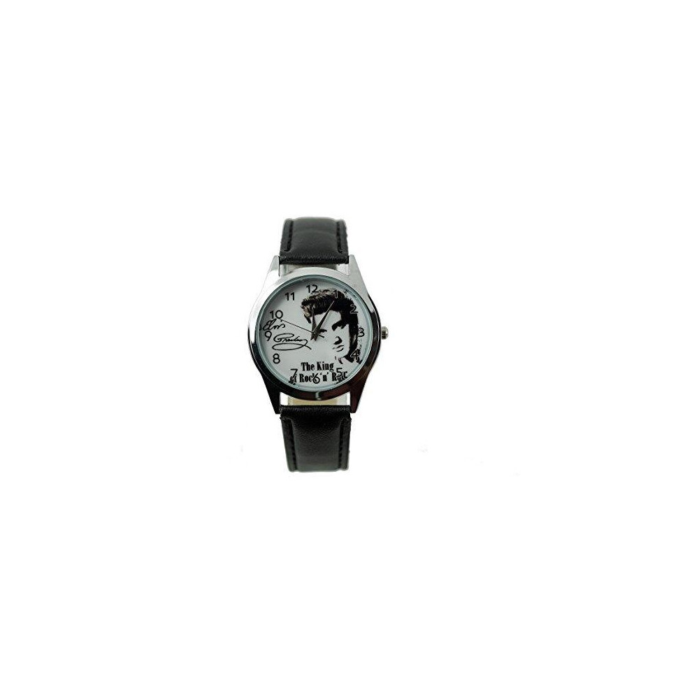 Elvis Presley Quartz Round Watch Real Leather Band   Black