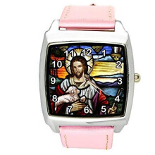 Jesus Christ Quartz Square Watch Pink Leather Band