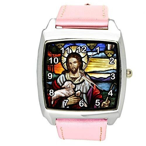 Jesus Christ Quartz Square Watch Pink Leather Band