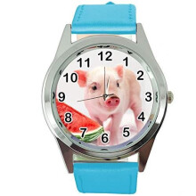 Watch Analogue Quartz with Real Leather Band Blue Round for Piglet Babe Fans