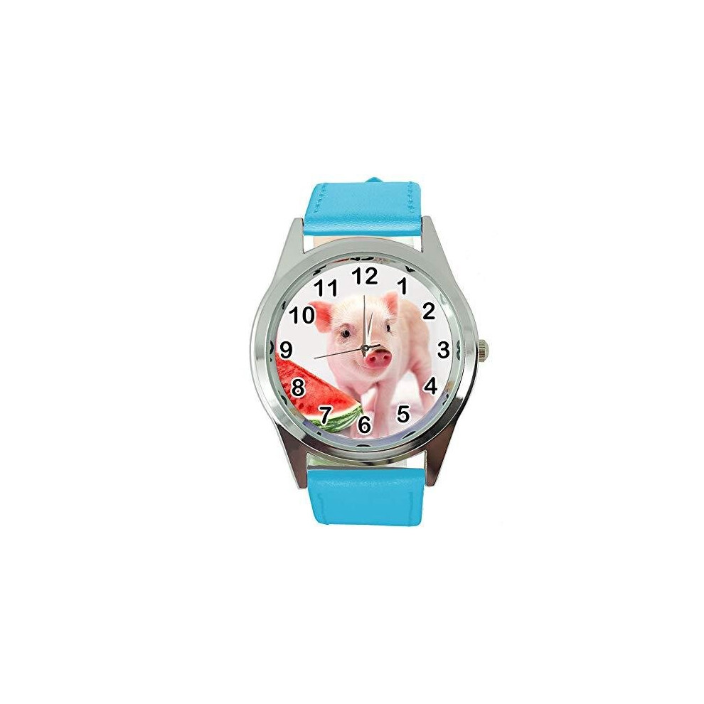 Taport Watch Analogue Quartz With Real Leather Band Round For Piglet Babe Fans Blue