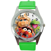 Quartz Watch Green Leather Band Round for Muppets Fans