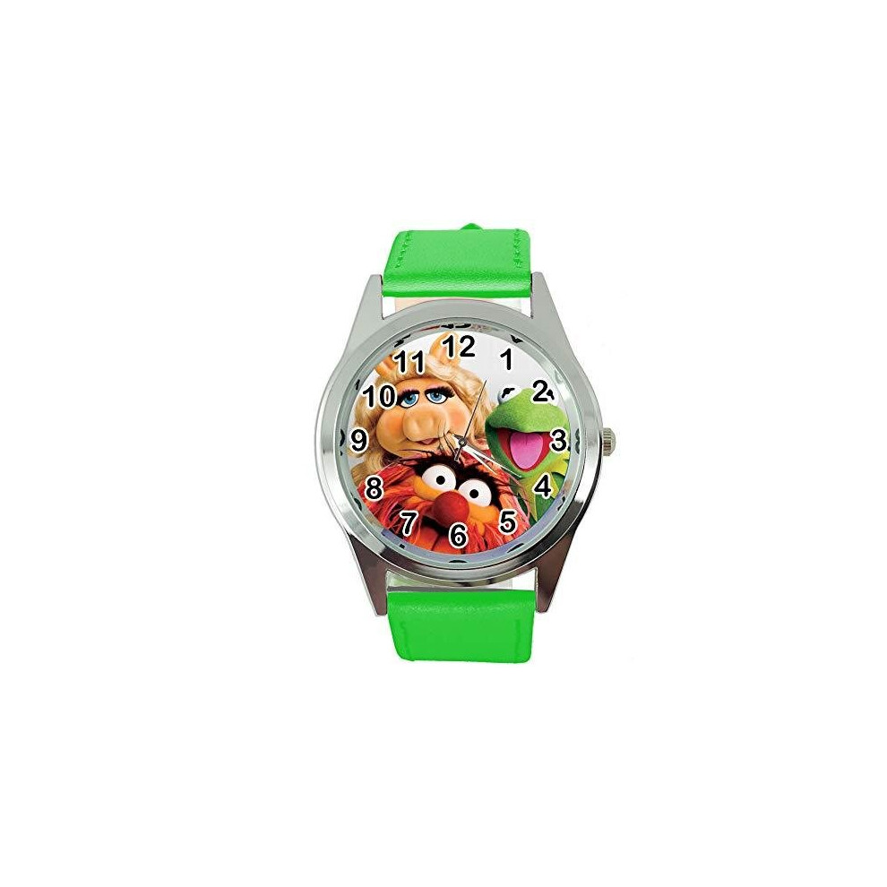 Quartz Watch Green Leather Band Round for Muppets Fans