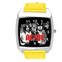 Watch Analogue Quartz with Real Leather Band Yellow Square for Fan of ACDC