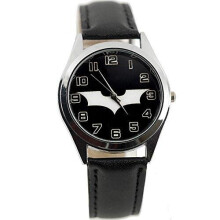 Batman Begins Quartz Round Watch Real Leather Band New Logo Black