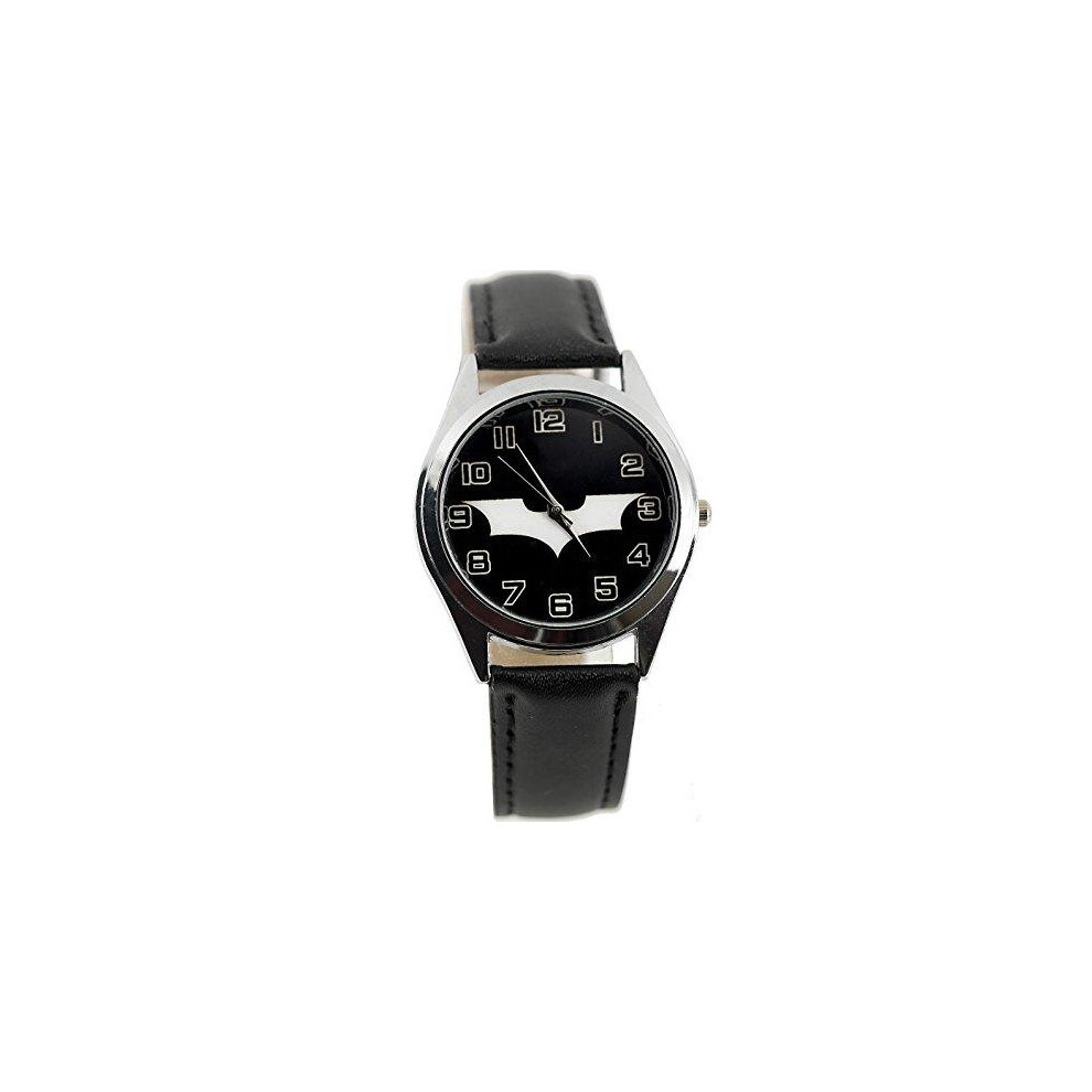 Taport Batman Begins Quartz Round Watch Real Leather Band New Logo Black